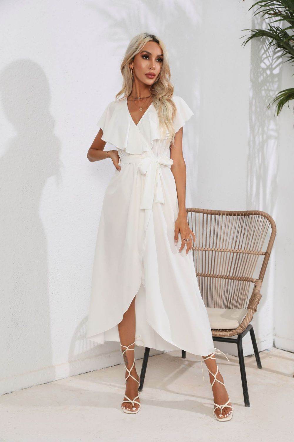 Waist-Tied Ruffled Neckline Short Sleeve Midi Dress - MARIGOLD
