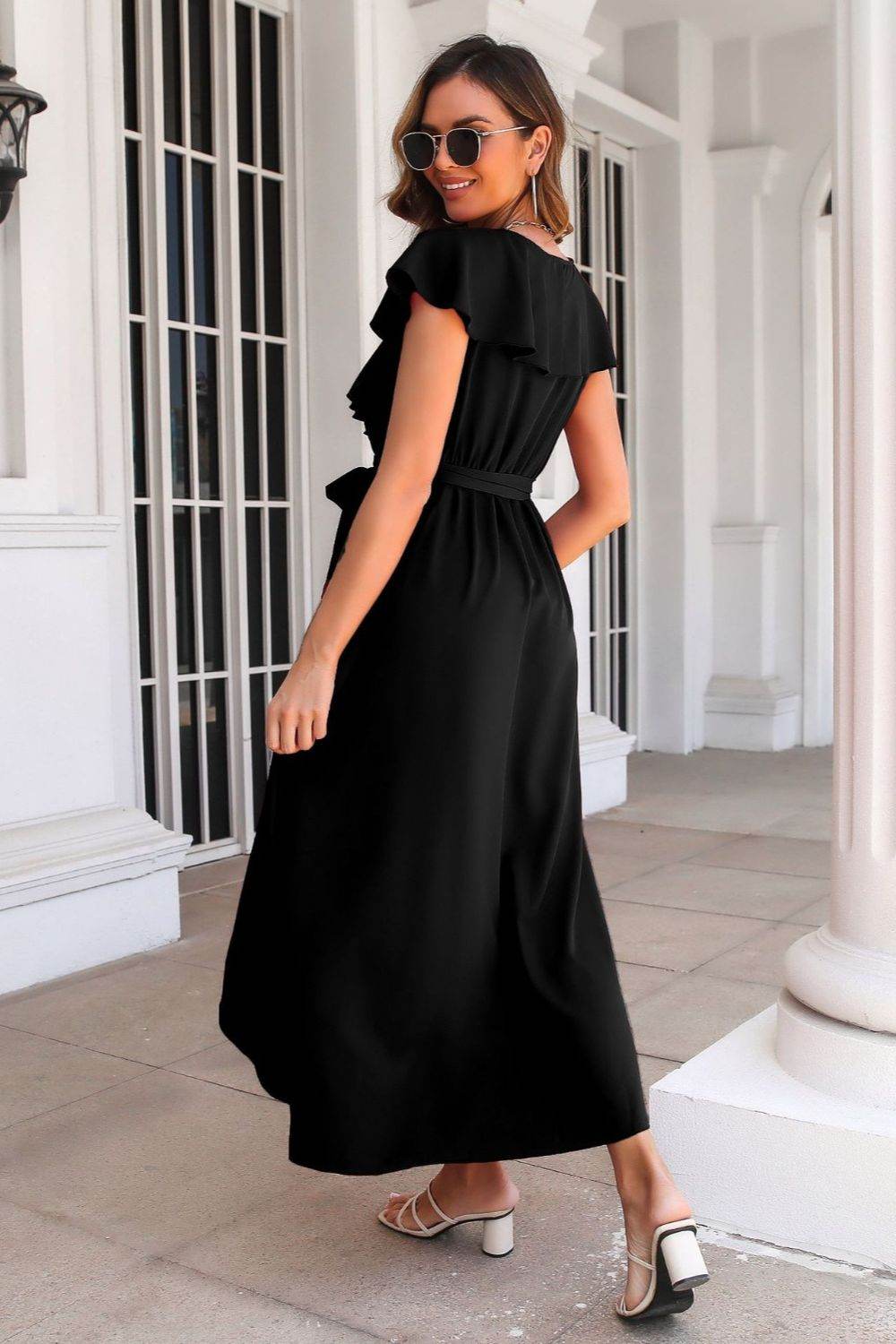 Waist-Tied Ruffled Neckline Short Sleeve Midi Dress - MARIGOLD