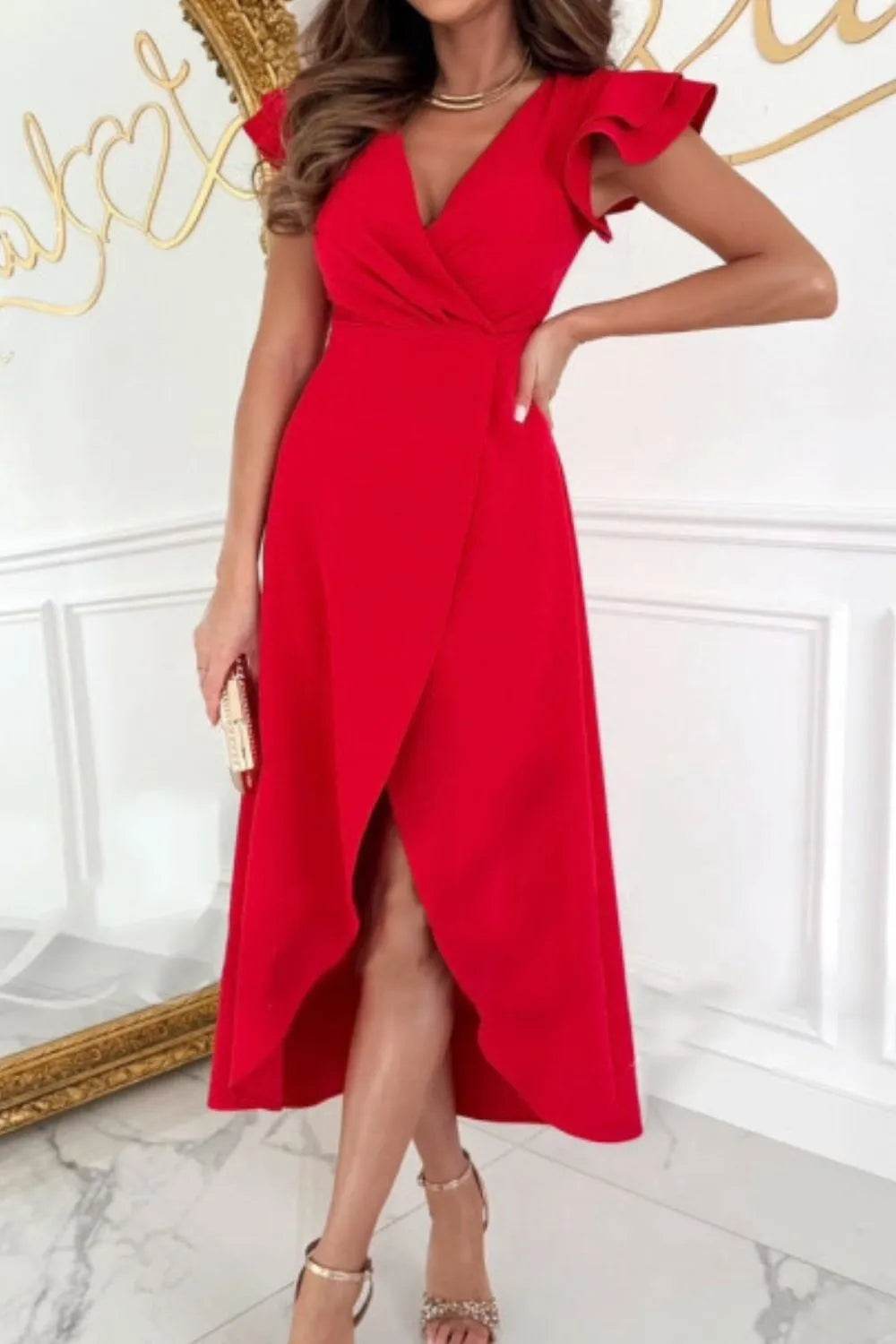 Tulip Hem Ruffle Sleeve Scuba Dress - MARIGOLD