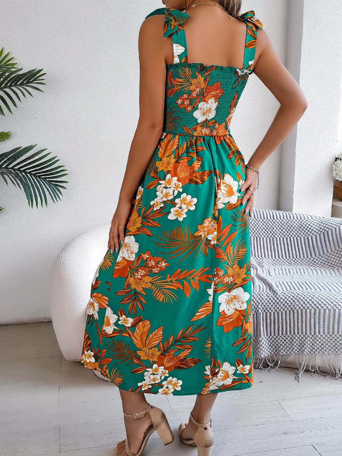 Floral Tie-Shoulder Midi Dress with Smocked Bodice - MARIGOLD