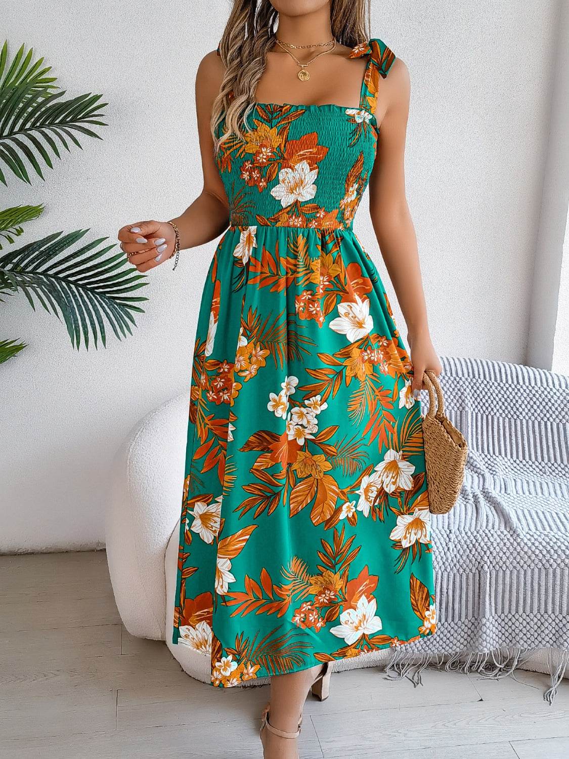 Floral Tie-Shoulder Midi Dress with Smocked Bodice - MARIGOLD