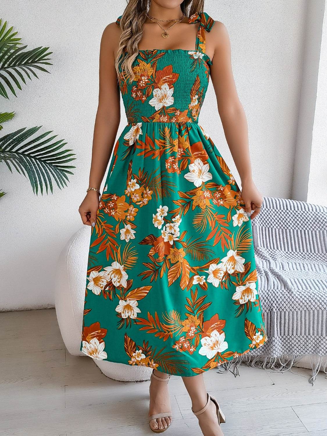 Floral Tie-Shoulder Midi Dress with Smocked Bodice - MARIGOLD