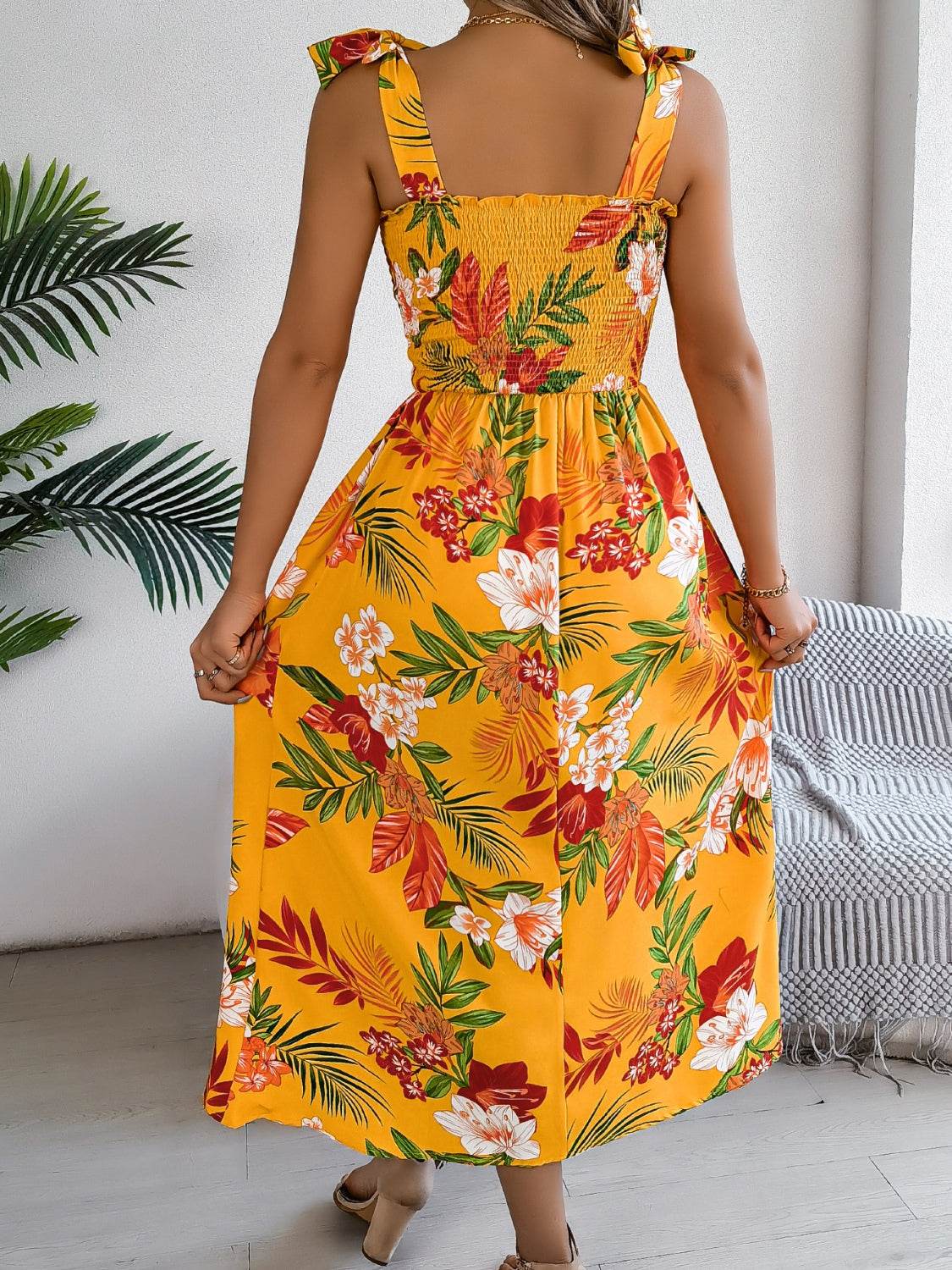Floral Tie-Shoulder Midi Dress with Smocked Bodice - MARIGOLD