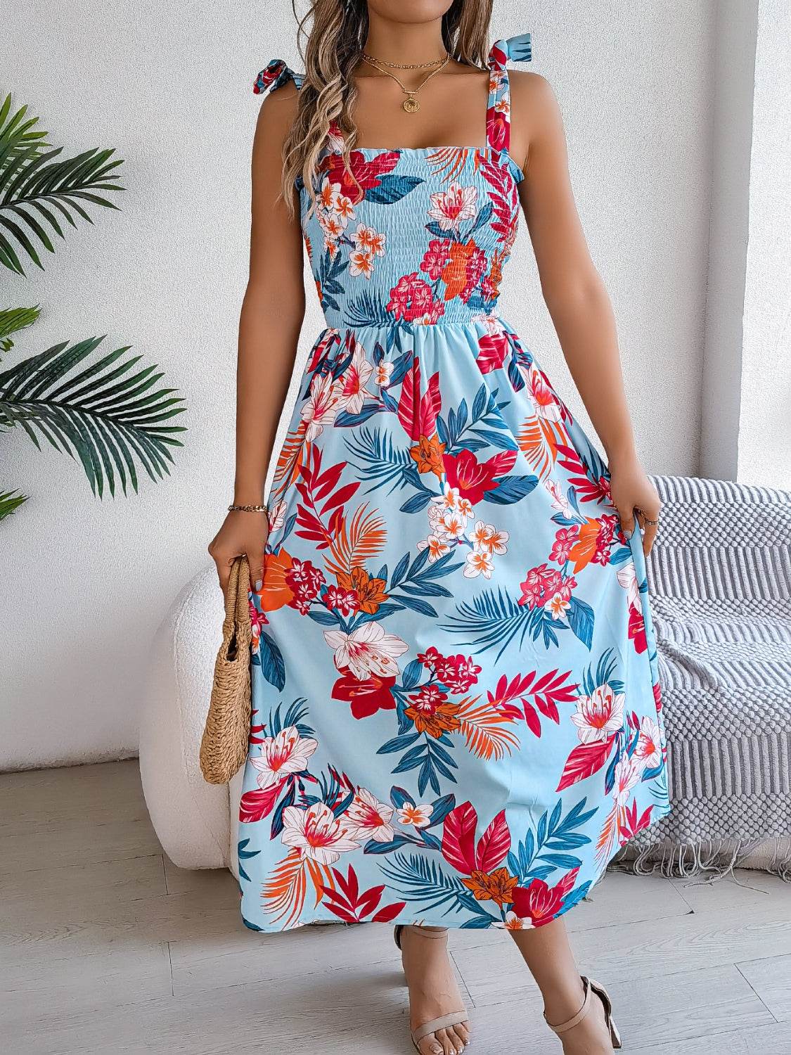 Floral Tie-Shoulder Midi Dress with Smocked Bodice - MARIGOLD
