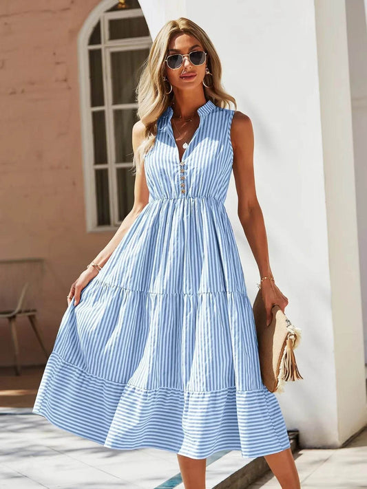 Striped Sleeveless Tiered Midi Dress - MARIGOLD