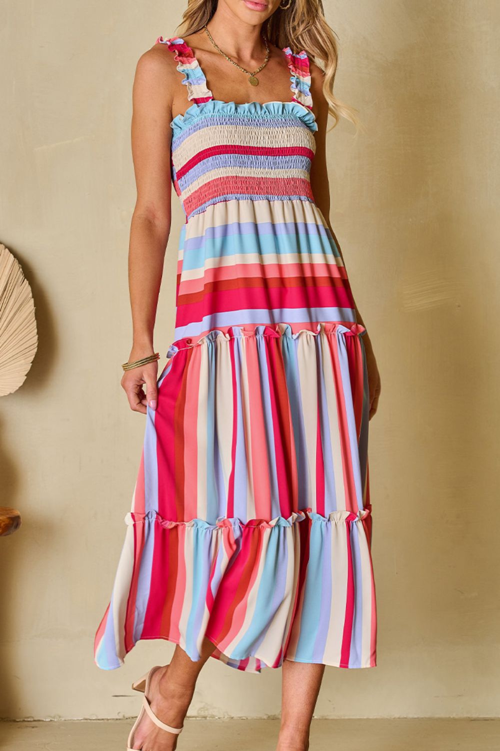 Multi-Color Stripe Smocked Tiered Dress with Wide Shoulder Straps - MARIGOLD
