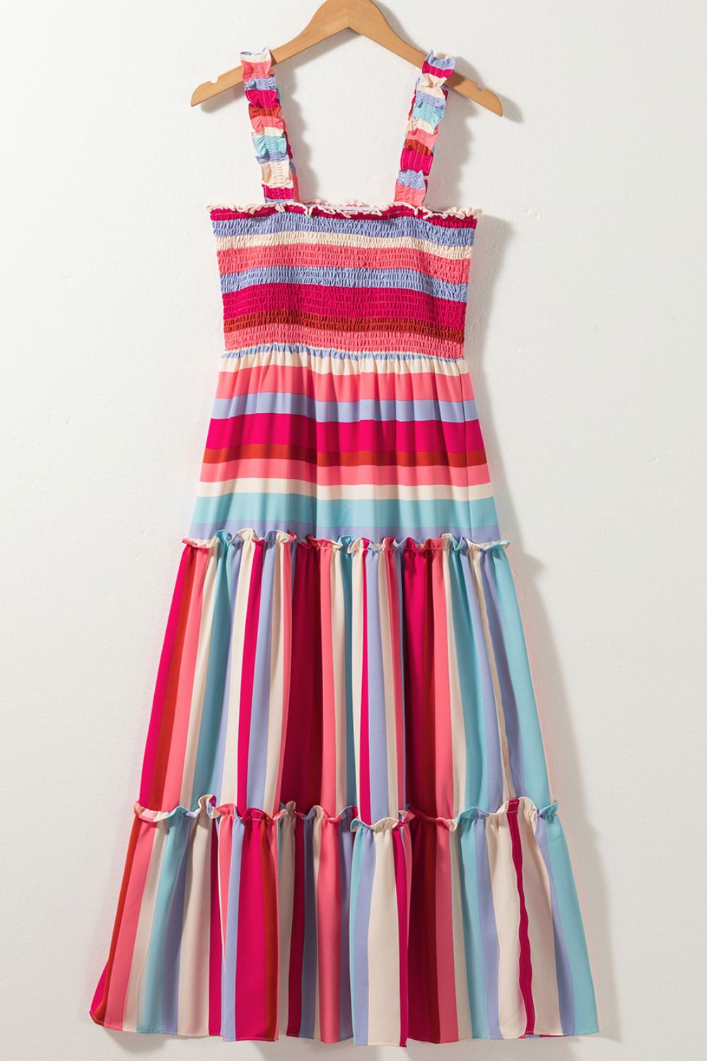 Multi-Color Stripe Smocked Tiered Dress with Wide Shoulder Straps - MARIGOLD