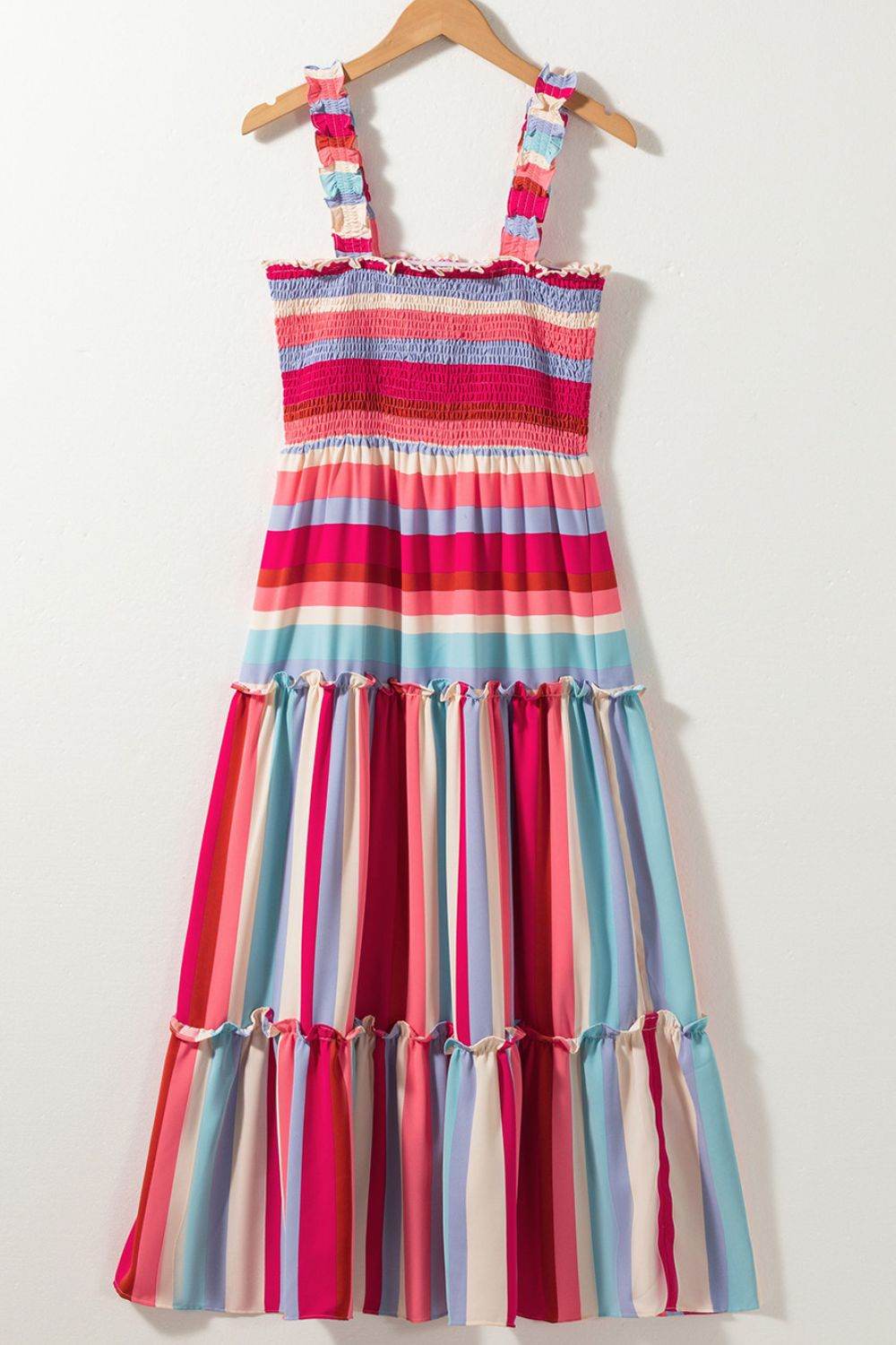 Multi-Color Stripe Smocked Tiered Dress with Wide Shoulder Straps - MARIGOLD