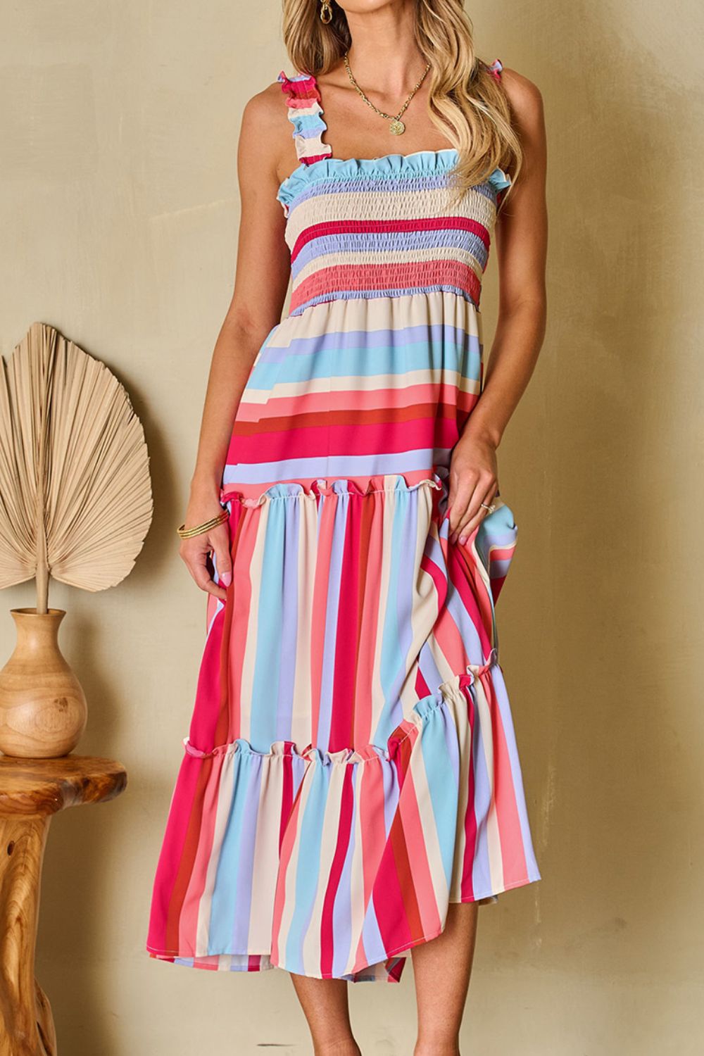 Multi-Color Stripe Smocked Tiered Dress with Wide Shoulder Straps - MARIGOLD