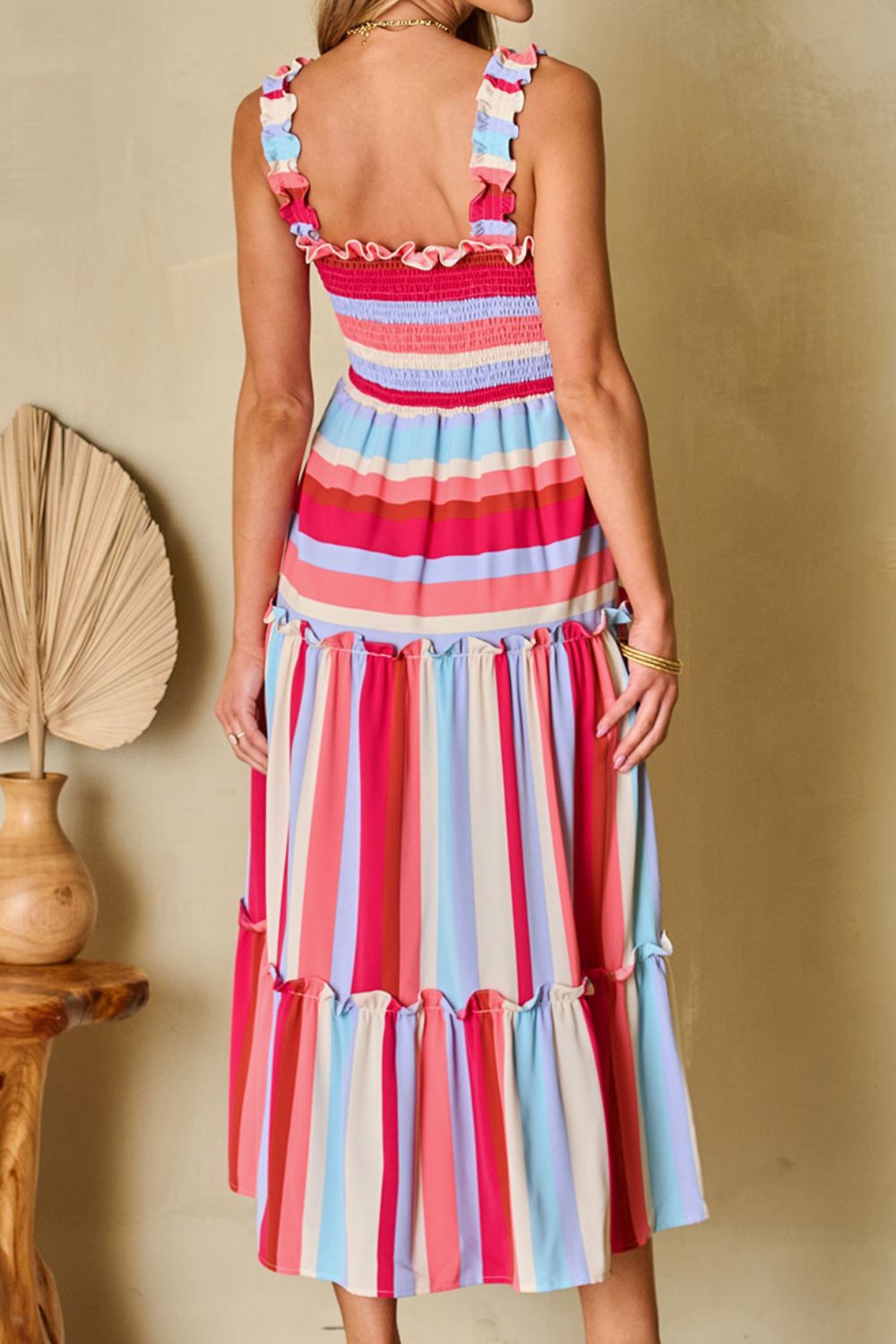 Multi-Color Stripe Smocked Tiered Dress with Wide Shoulder Straps - MARIGOLD