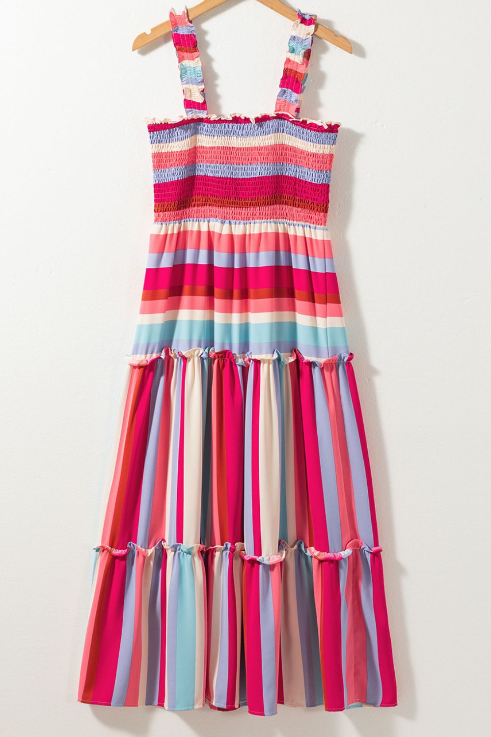 Multi-Color Stripe Smocked Tiered Dress with Wide Shoulder Straps - MARIGOLD