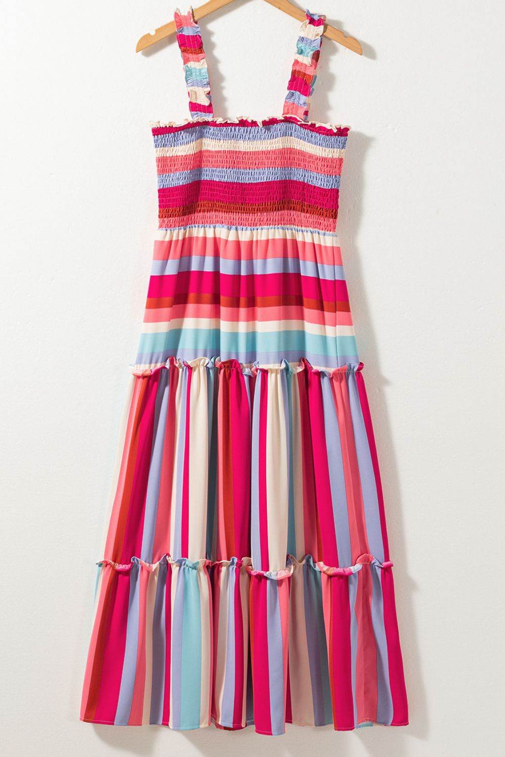 Multi-Color Stripe Smocked Tiered Dress with Wide Shoulder Straps - MARIGOLD
