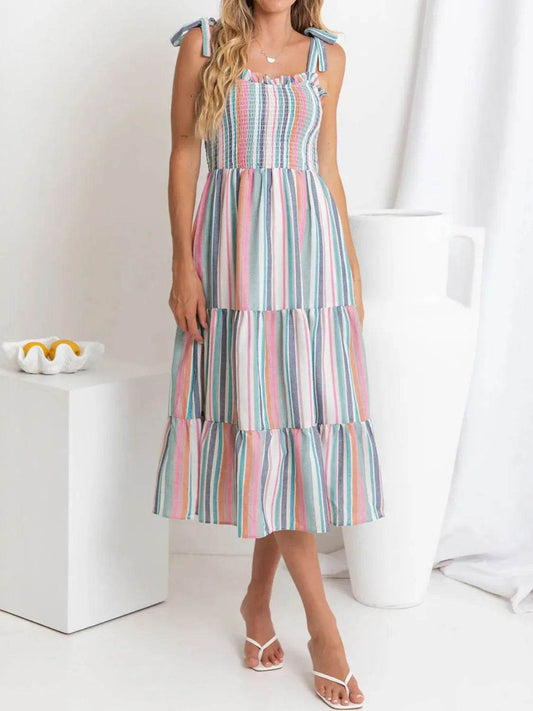 Striped Smocked Shoulder Tie Midi Dress - MARIGOLD