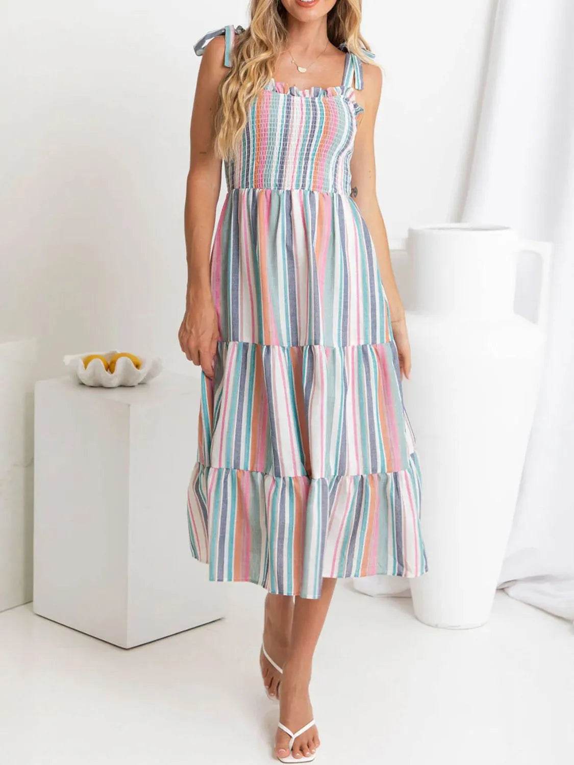 Striped Smocked Shoulder Tie Midi Dress - MARIGOLD