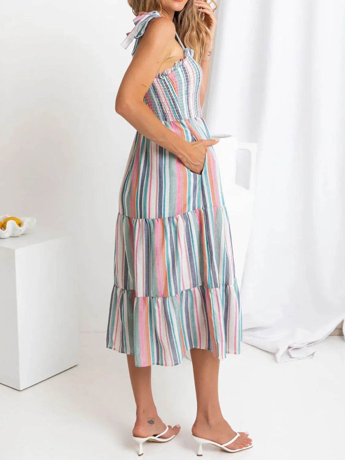 Striped Smocked Shoulder Tie Midi Dress - MARIGOLD