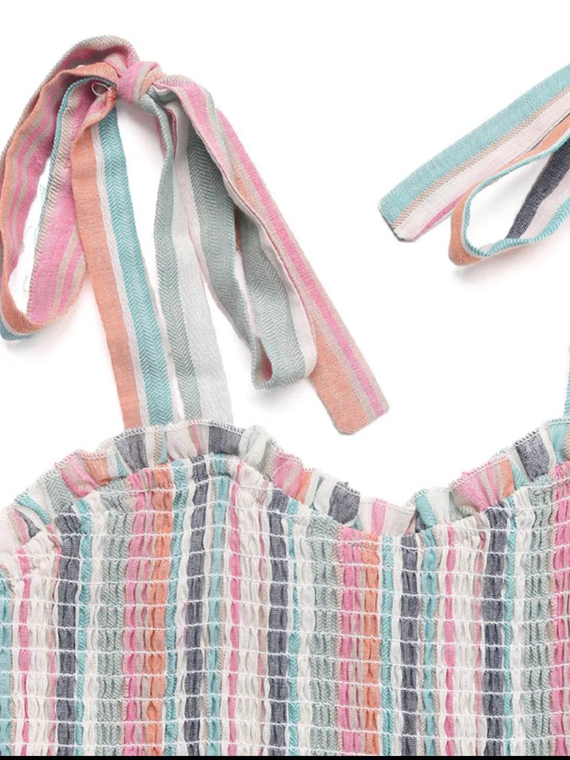 Striped Smocked Shoulder Tie Midi Dress - MARIGOLD