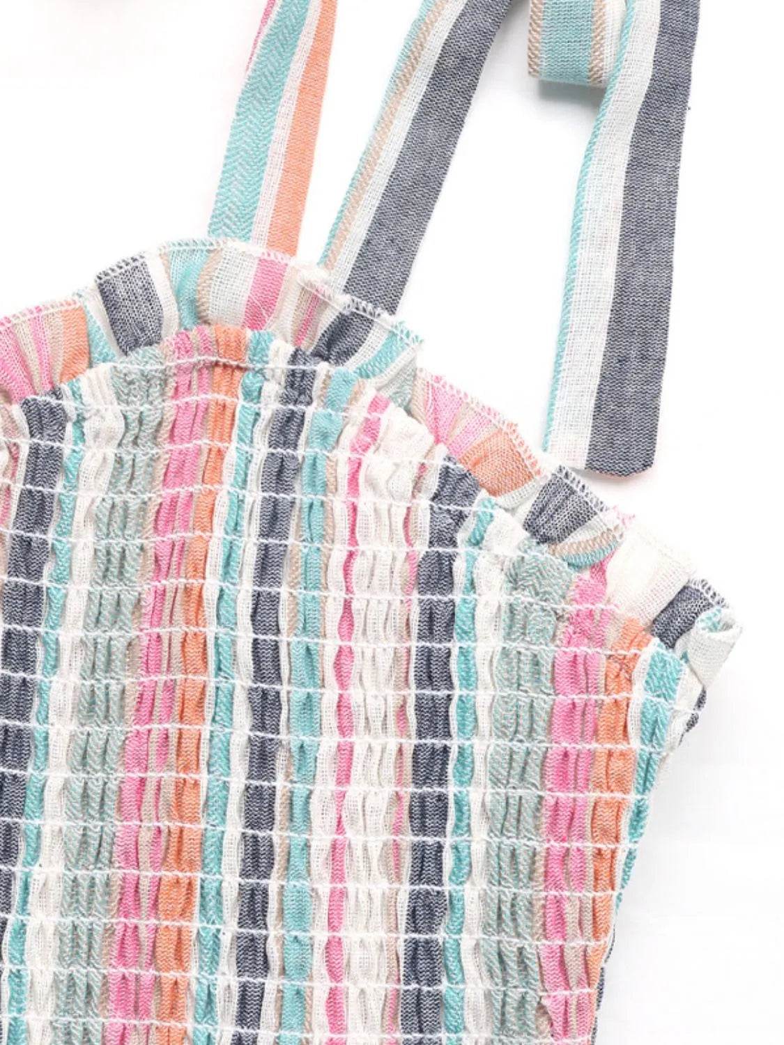 Striped Smocked Shoulder Tie Midi Dress - MARIGOLD