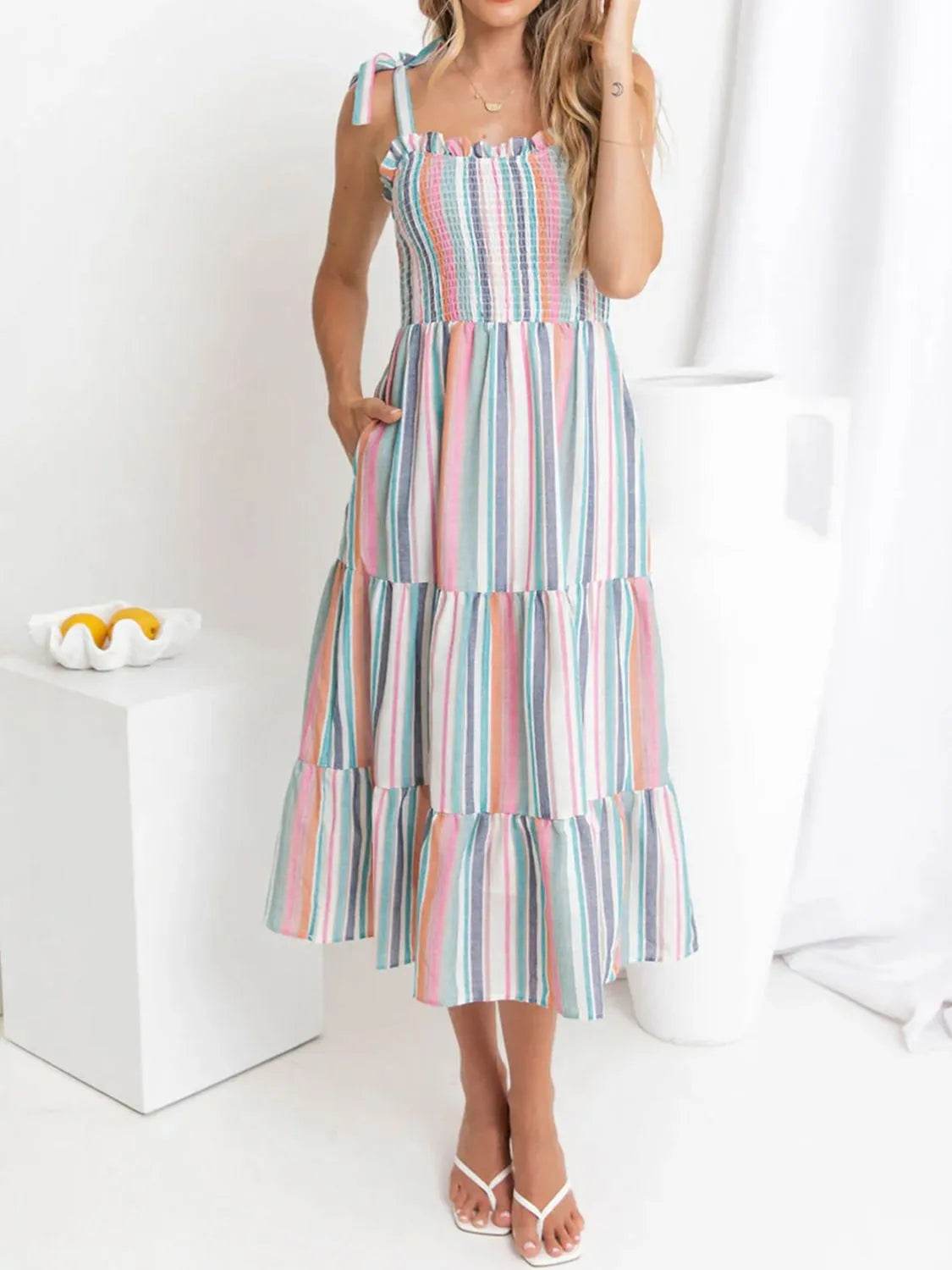 Striped Smocked Shoulder Tie Midi Dress - MARIGOLD