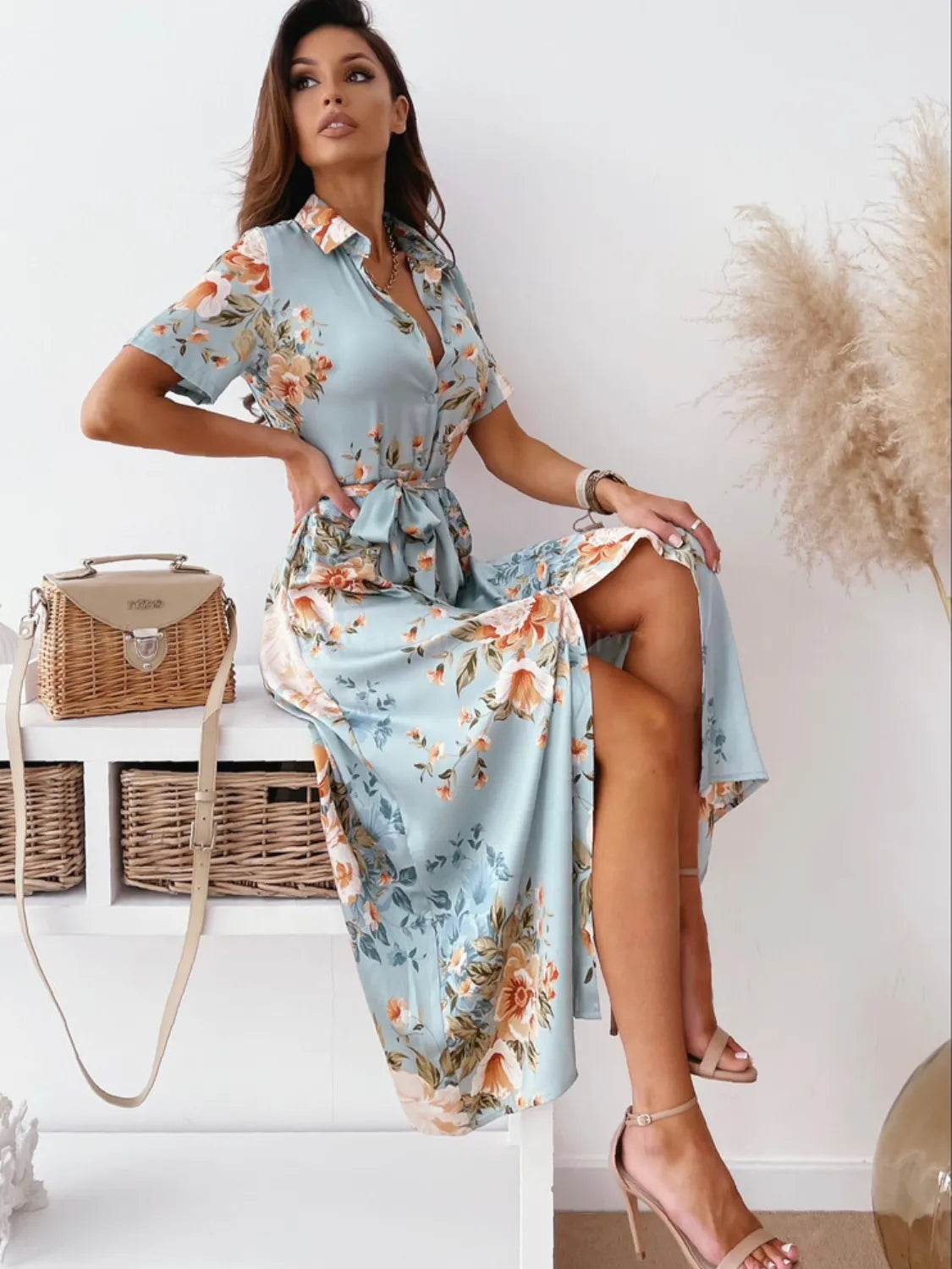 Floral Print Tie-Waist Midi Shirt Dress - MARIGOLD