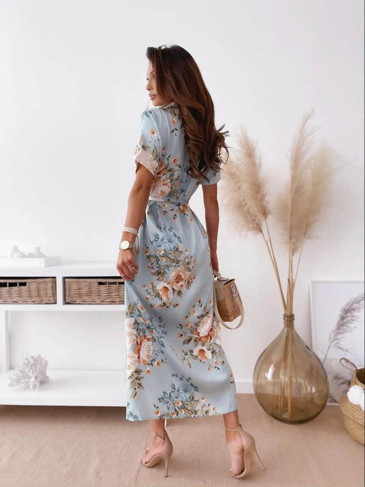 Floral Print Tie-Waist Midi Shirt Dress - MARIGOLD