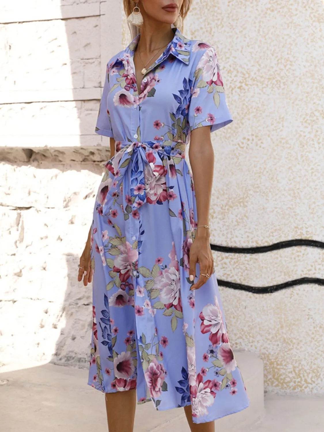 Floral Print Tie-Waist Midi Shirt Dress - MARIGOLD