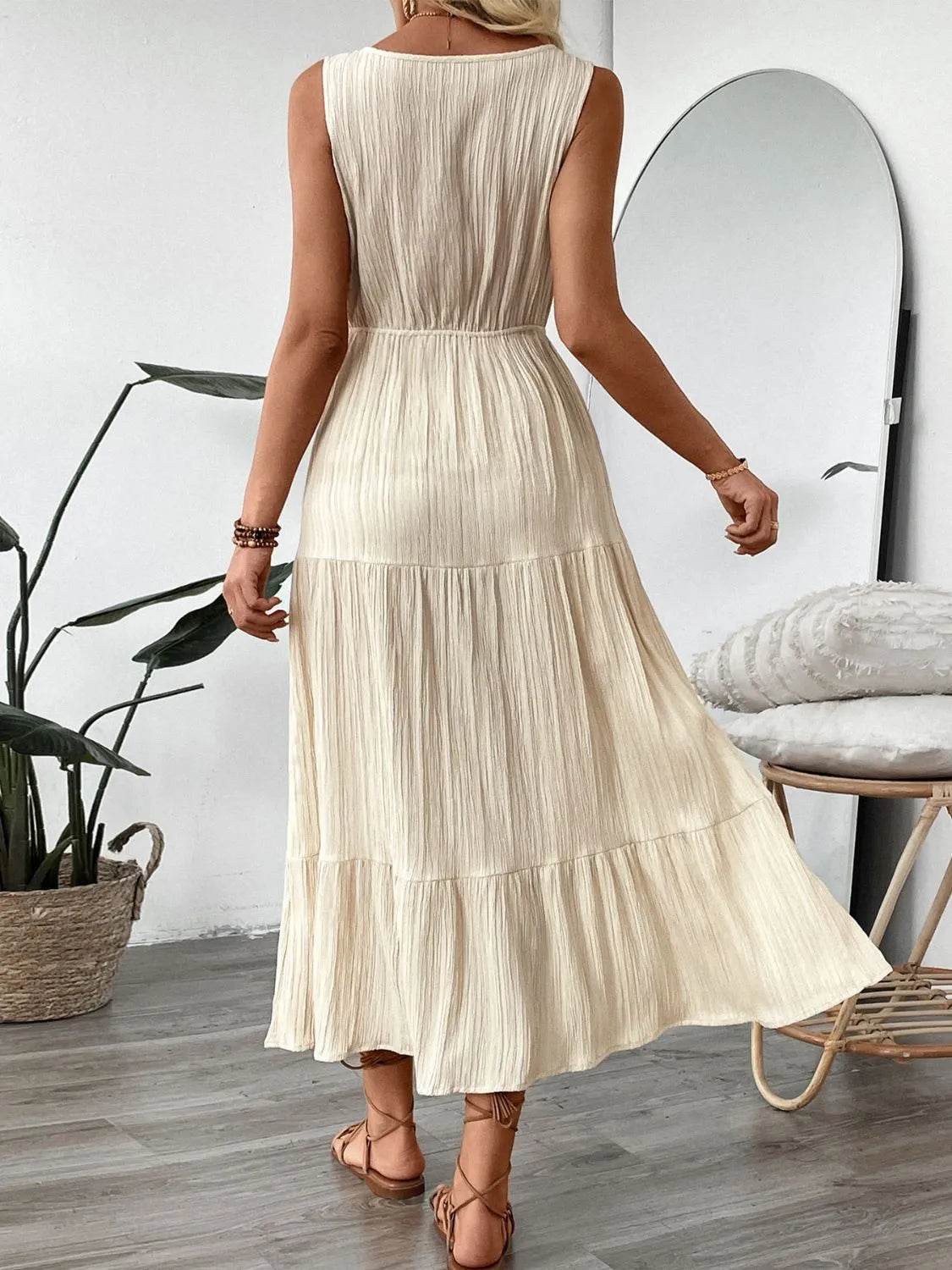 Neutral Button-Detail V-Neck Midi Tank Dress - MARIGOLD
