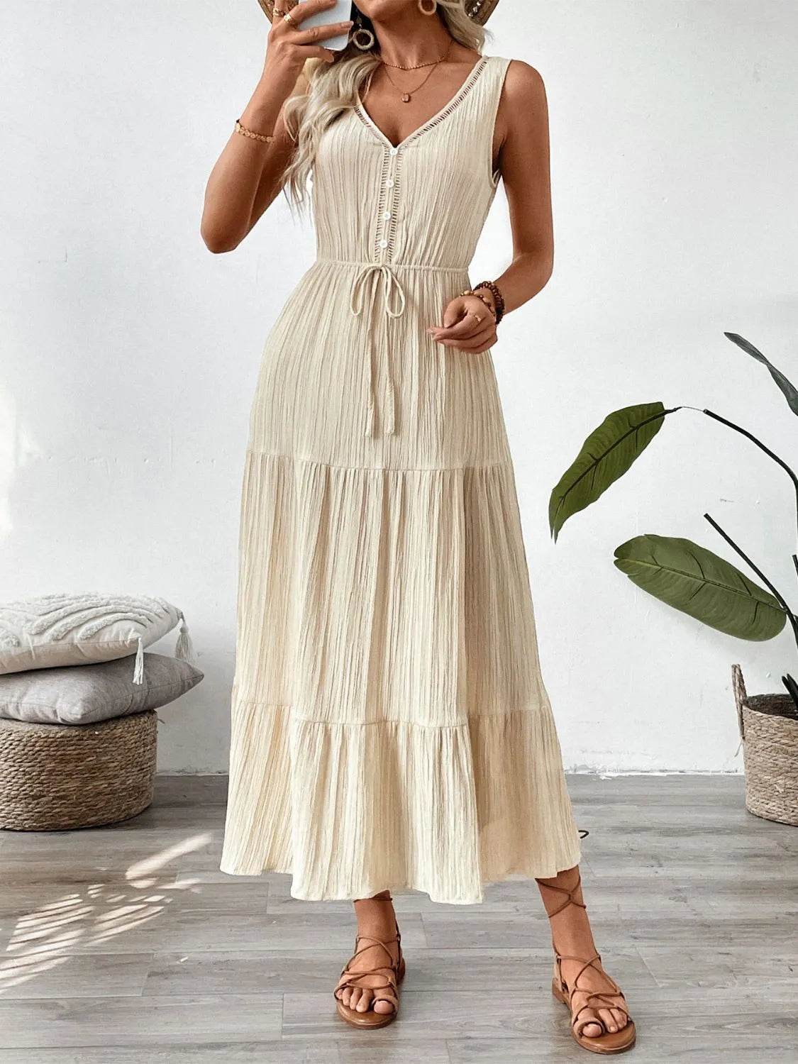 Neutral Button-Detail V-Neck Midi Tank Dress - MARIGOLD