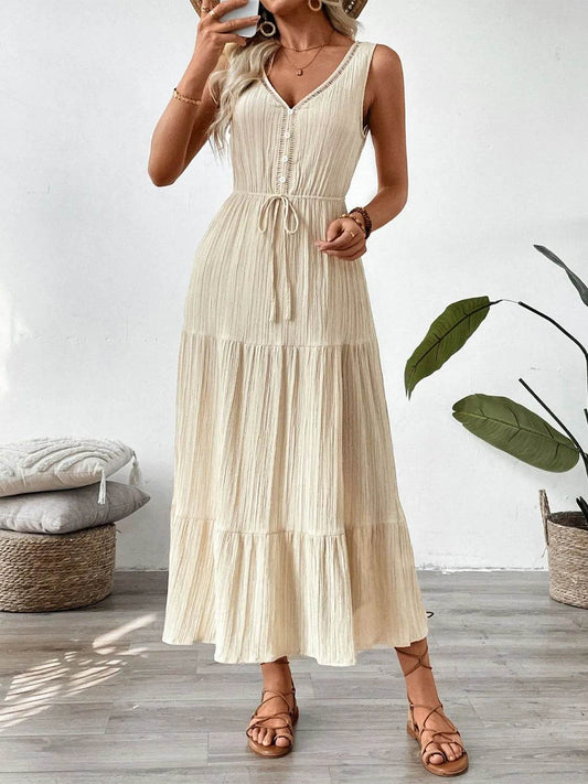 Neutral Button-Detail V-Neck Midi Tank Dress - MARIGOLD