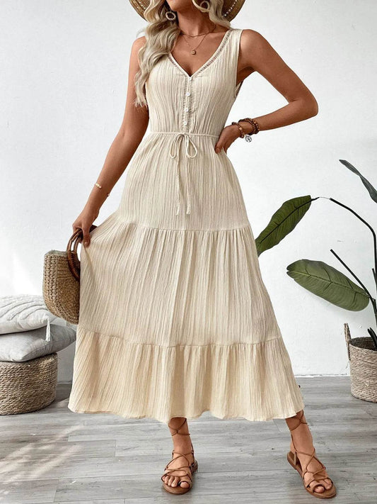 Neutral Button-Detail V-Neck Midi Tank Dress - MARIGOLD