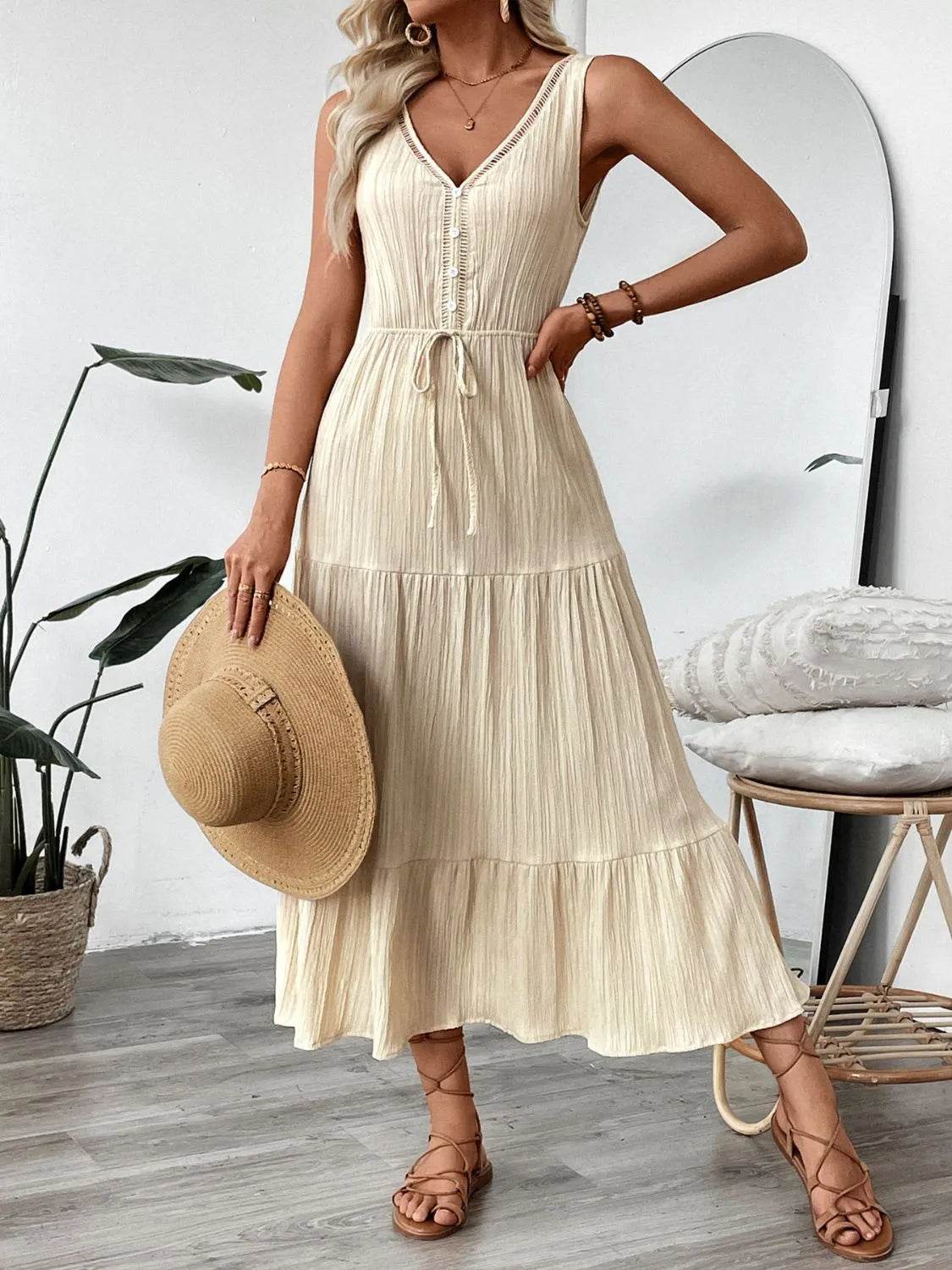 Neutral Button-Detail V-Neck Midi Tank Dress - MARIGOLD
