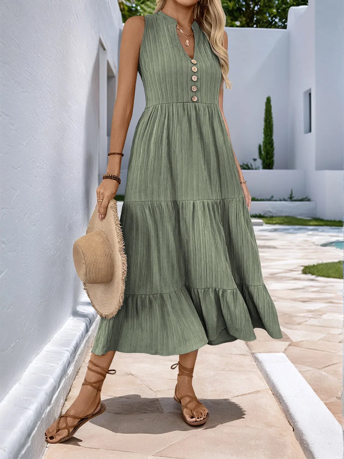 Notched Sleeveless Midi Tiered Dress green
