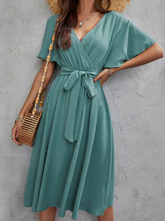 Surplice Flutter Sleeve Midi Dress - MARIGOLD