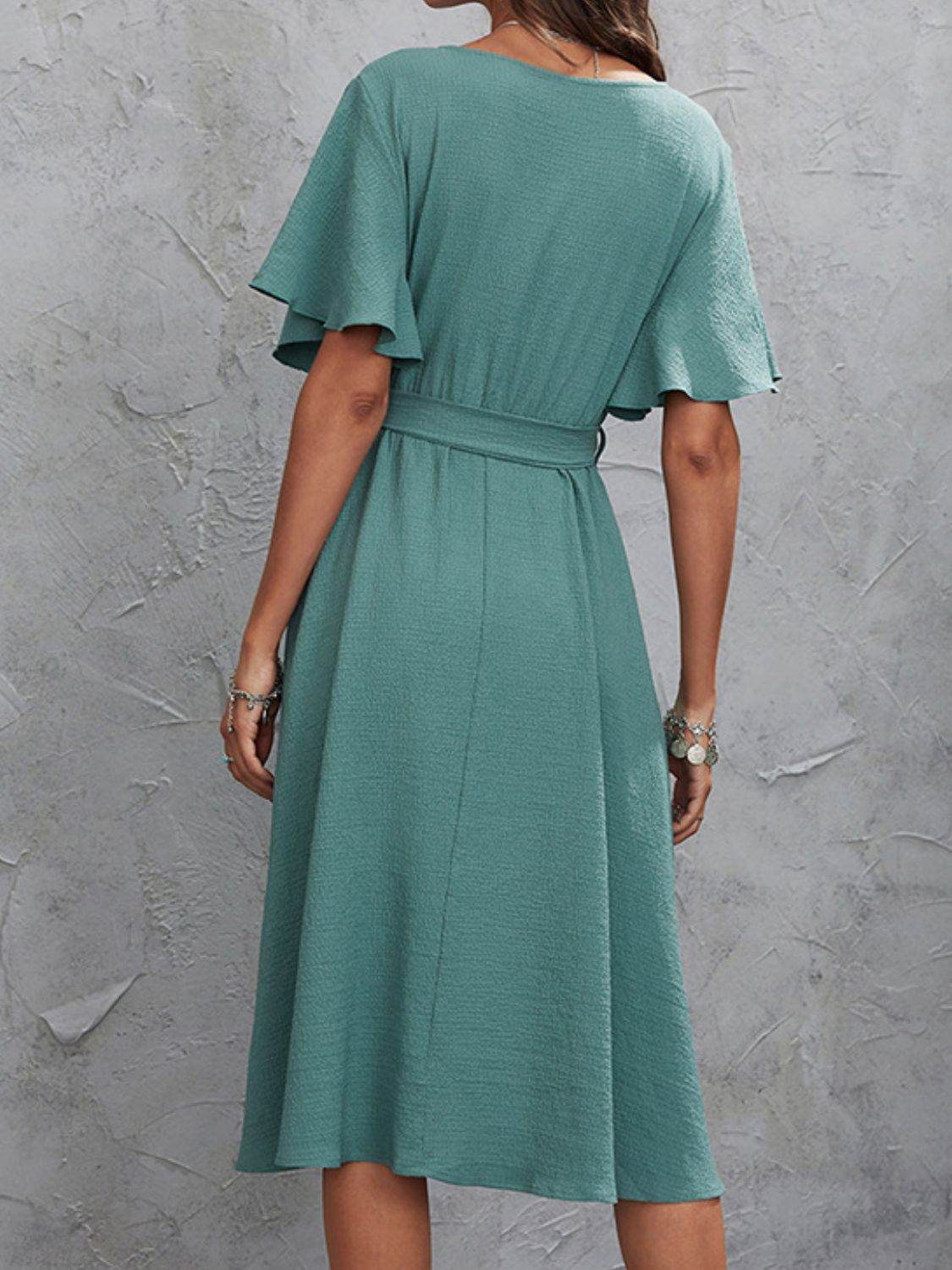 Surplice Flutter Sleeve Midi Dress - MARIGOLD