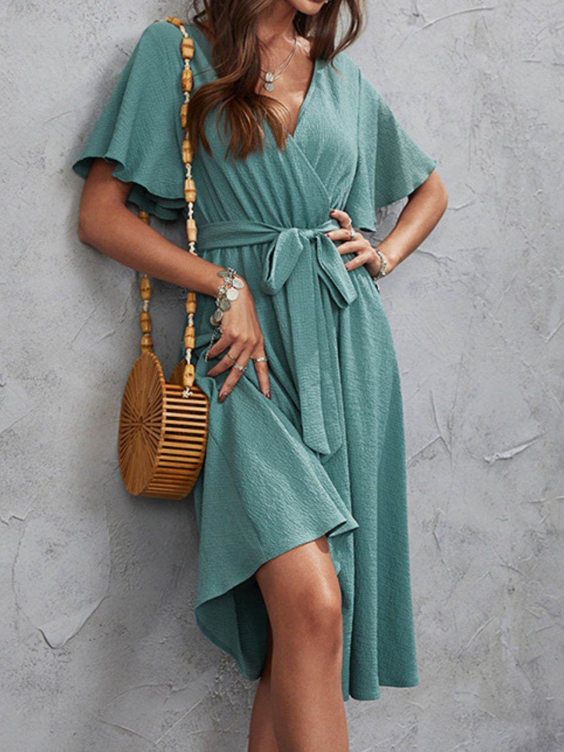 Surplice Flutter Sleeve Midi Dress - MARIGOLD