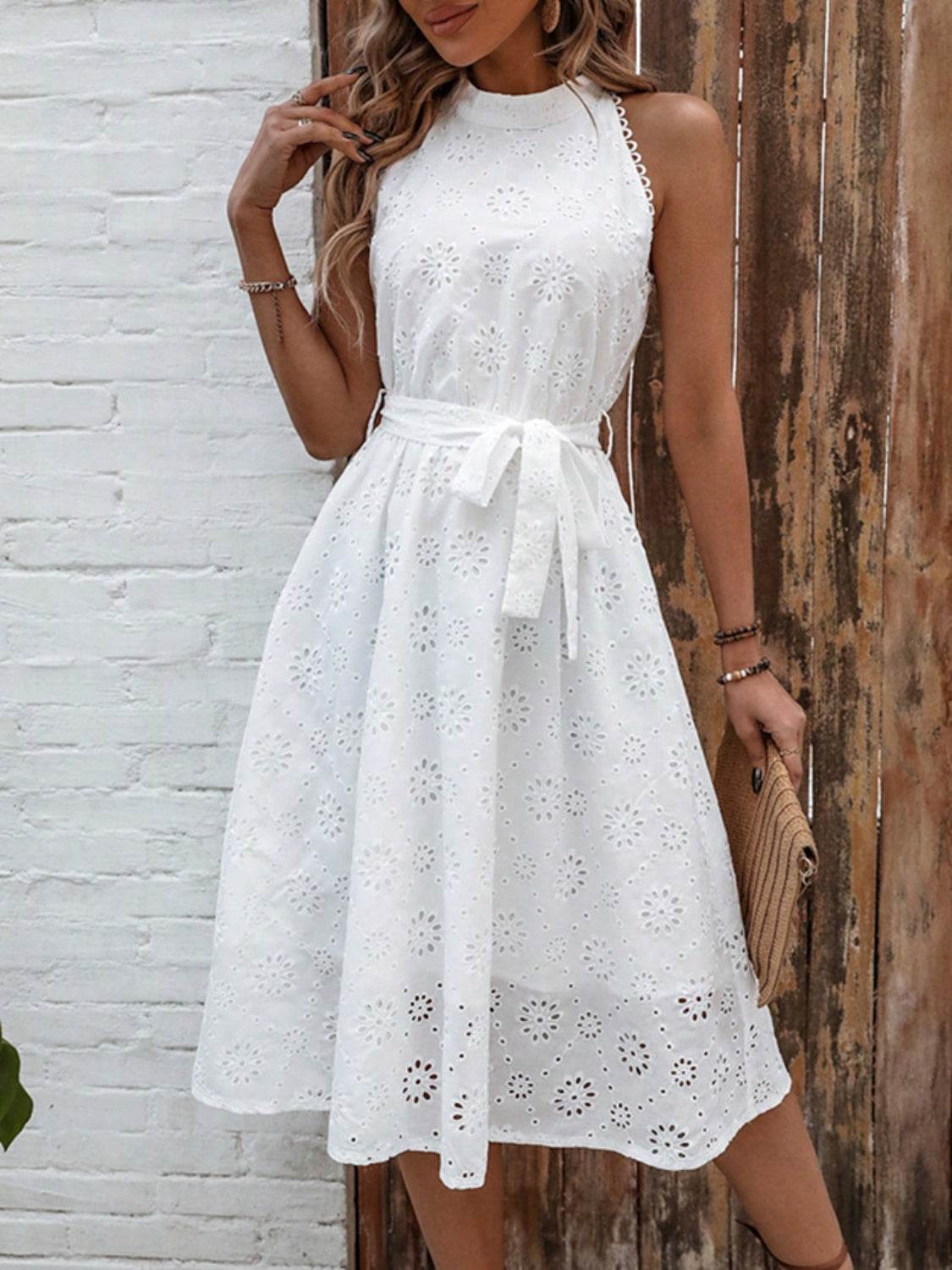 Grecian Style Eyelet Tie Waist Midi Dress - MARIGOLD