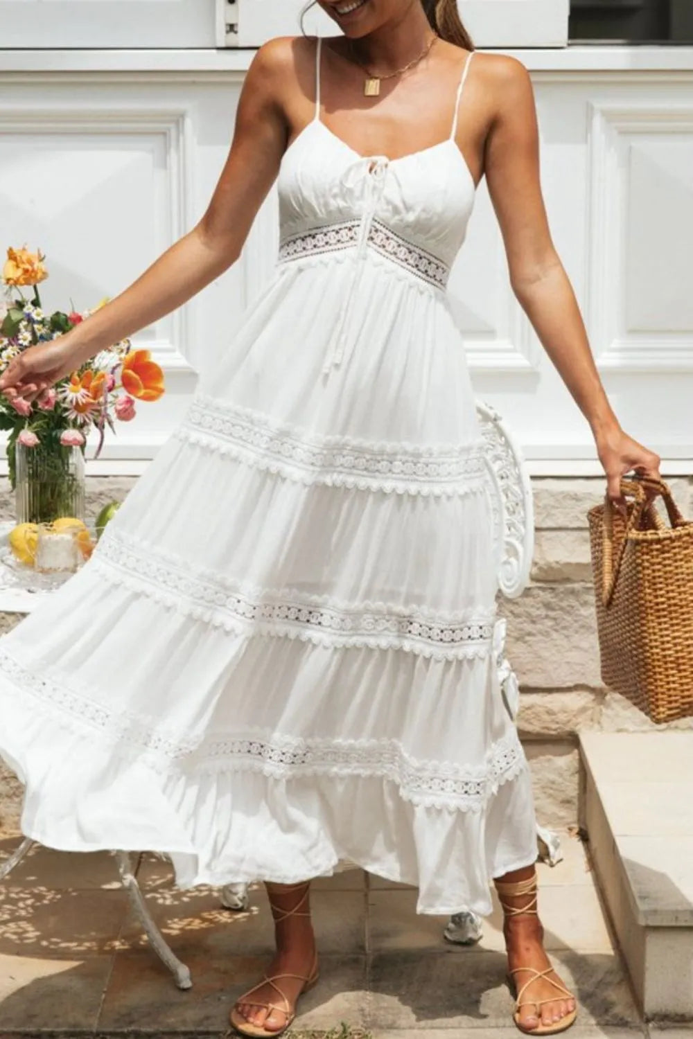 White Lace Trim Midi Dress - MARIGOLD