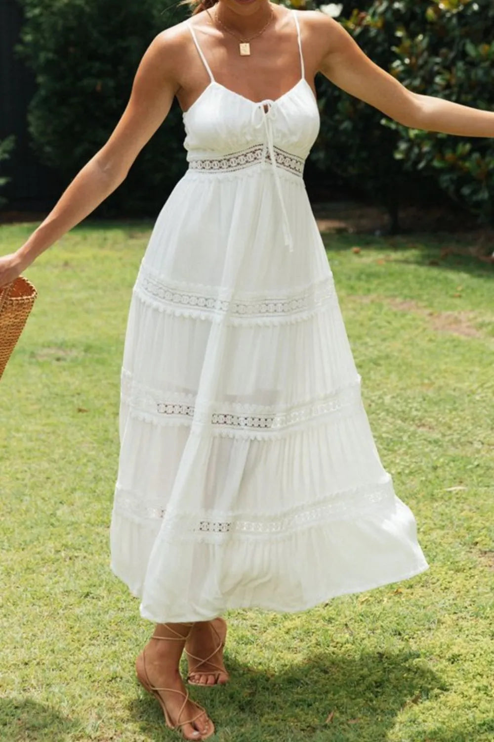 White Lace Trim Midi Dress - MARIGOLD