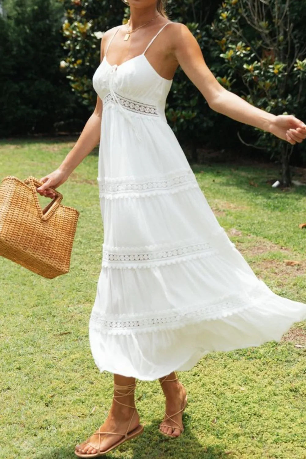 White Lace Trim Midi Dress - MARIGOLD