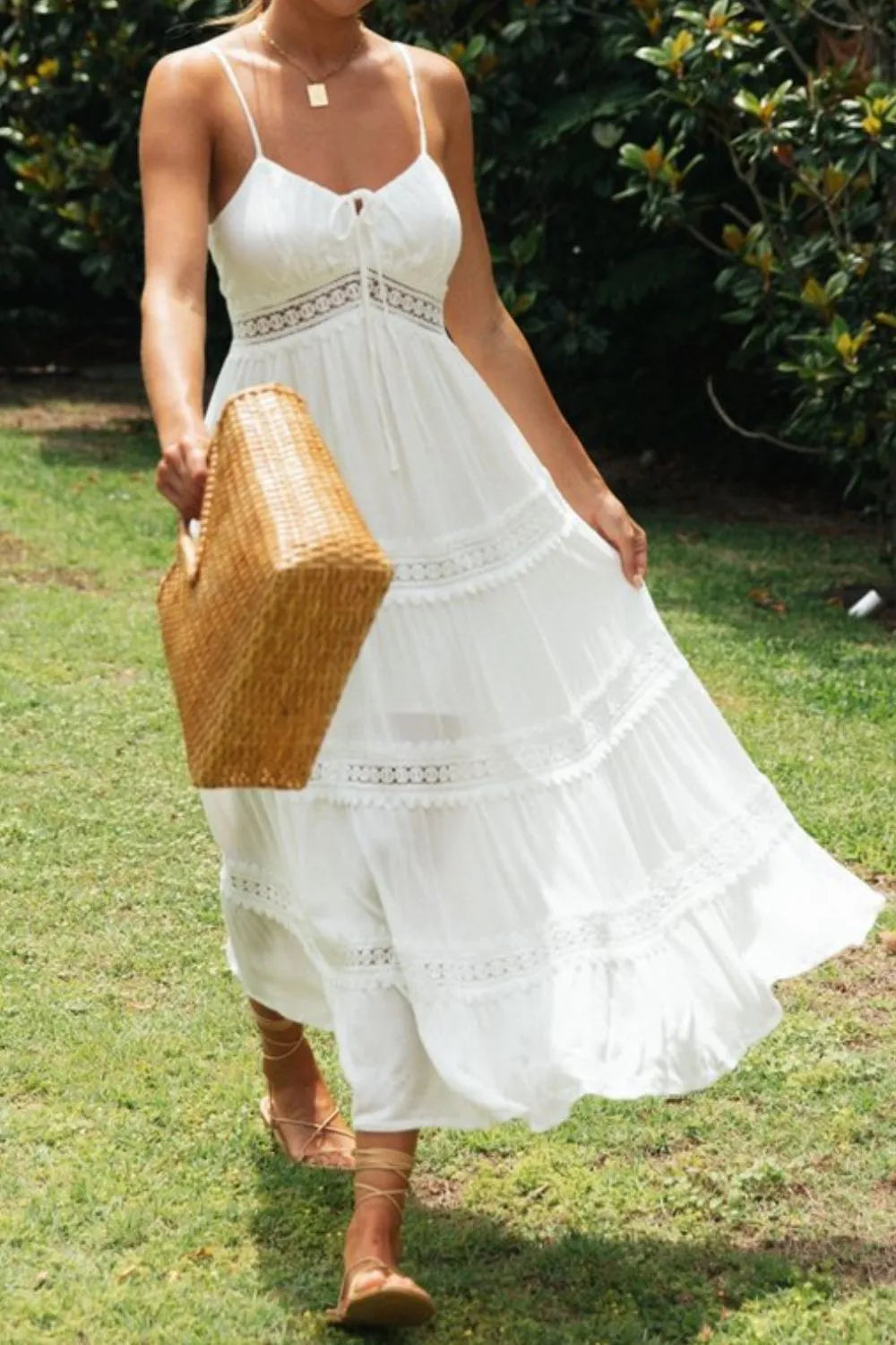 White Lace Trim Midi Dress - MARIGOLD