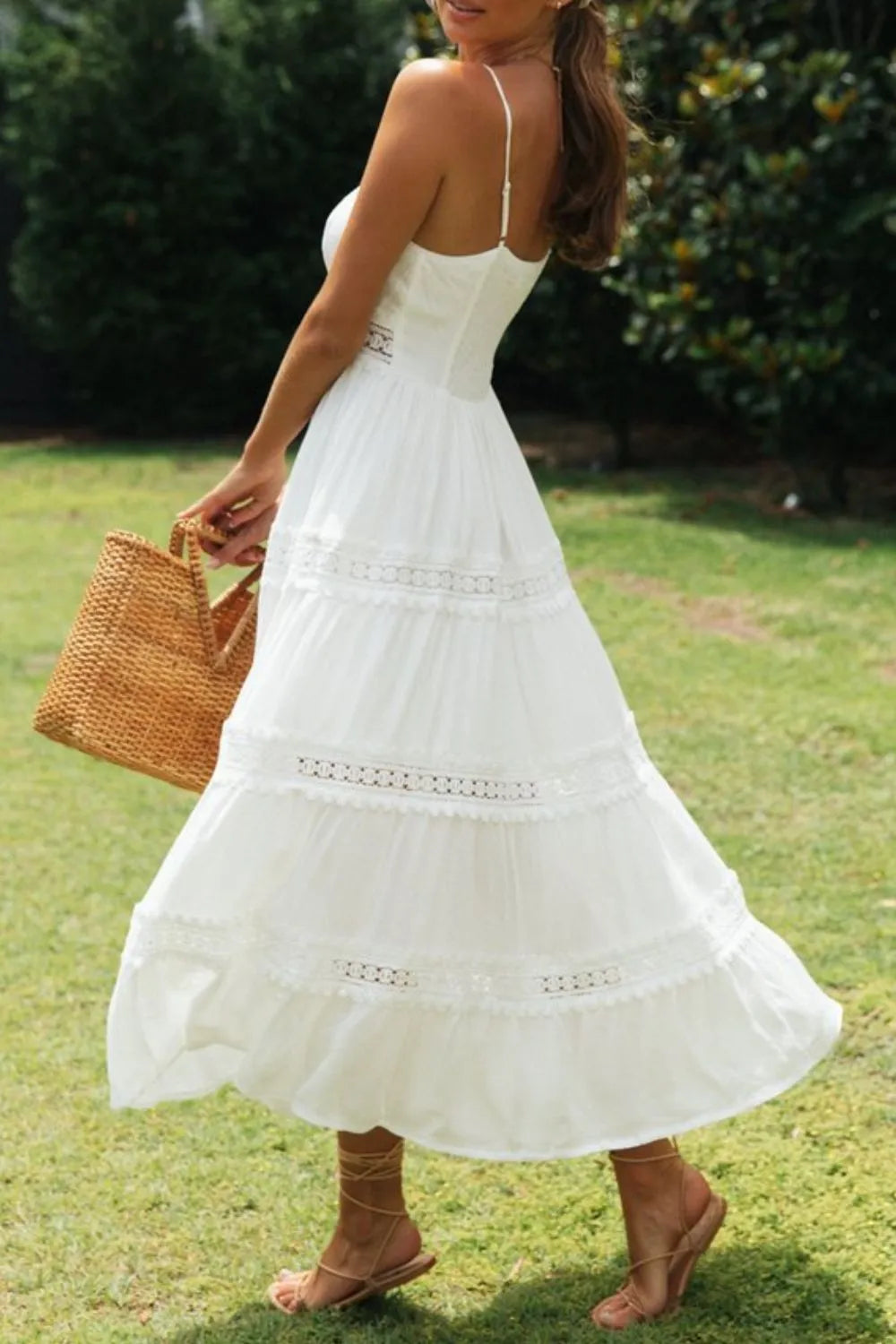 White Lace Trim Midi Dress - MARIGOLD