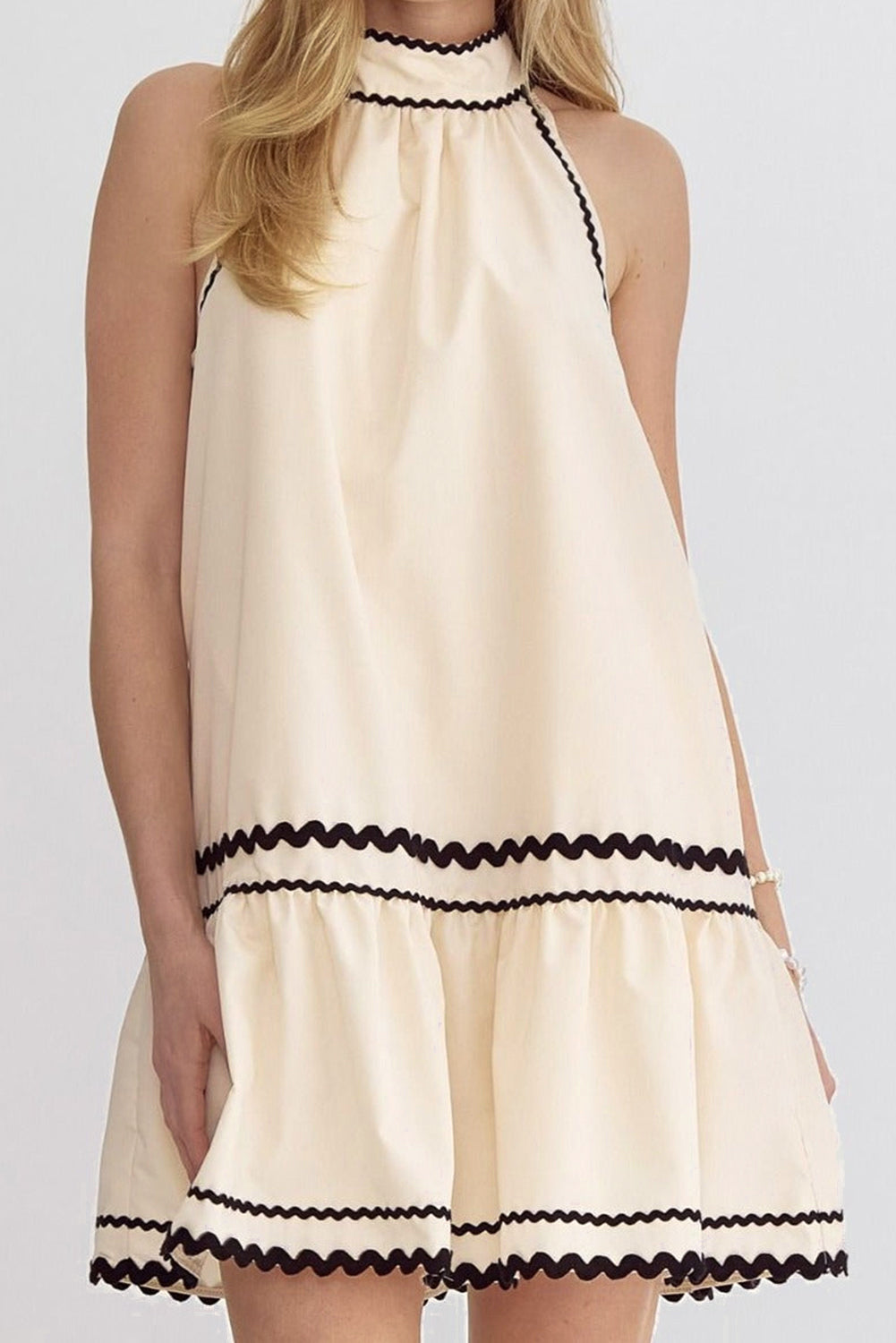 Halter-Neck Ric Rac Trim Sleeveless Mini Dress - MARIGOLD