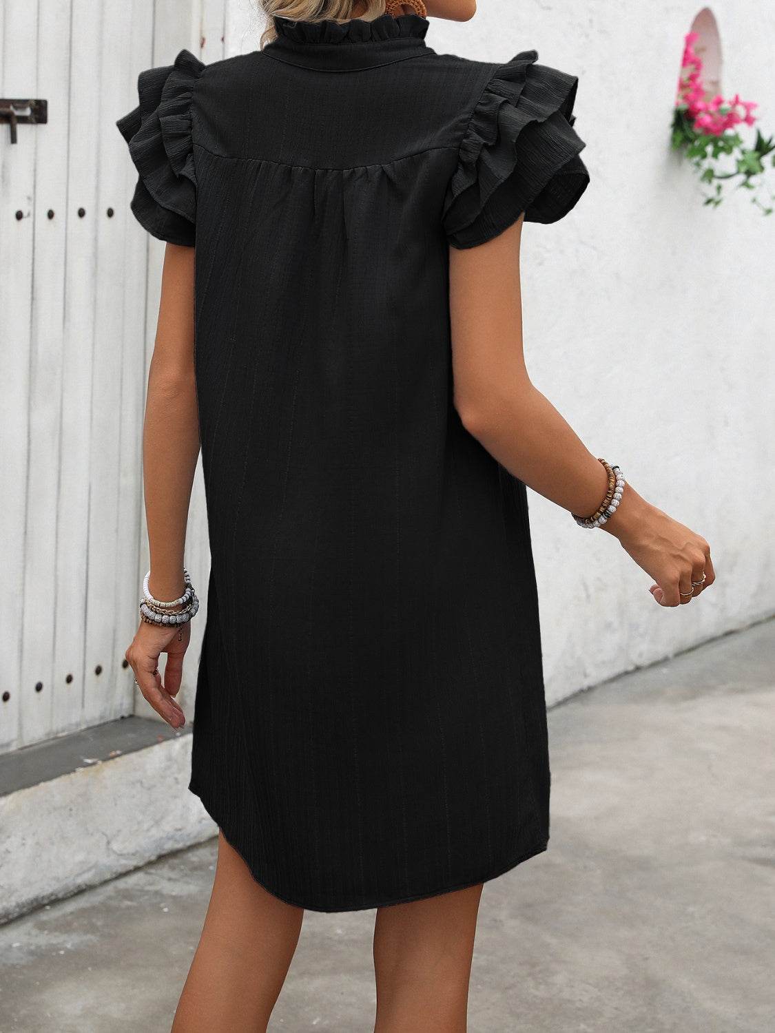 Ruffled Short Sleeve Mini Dress with Notched Neck - MARIGOLD