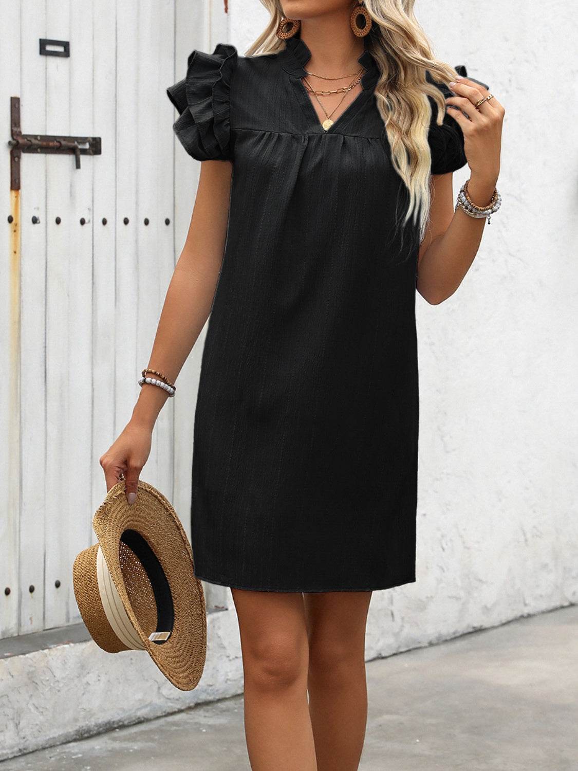 Ruffled Short Sleeve Mini Dress with Notched Neck - MARIGOLD
