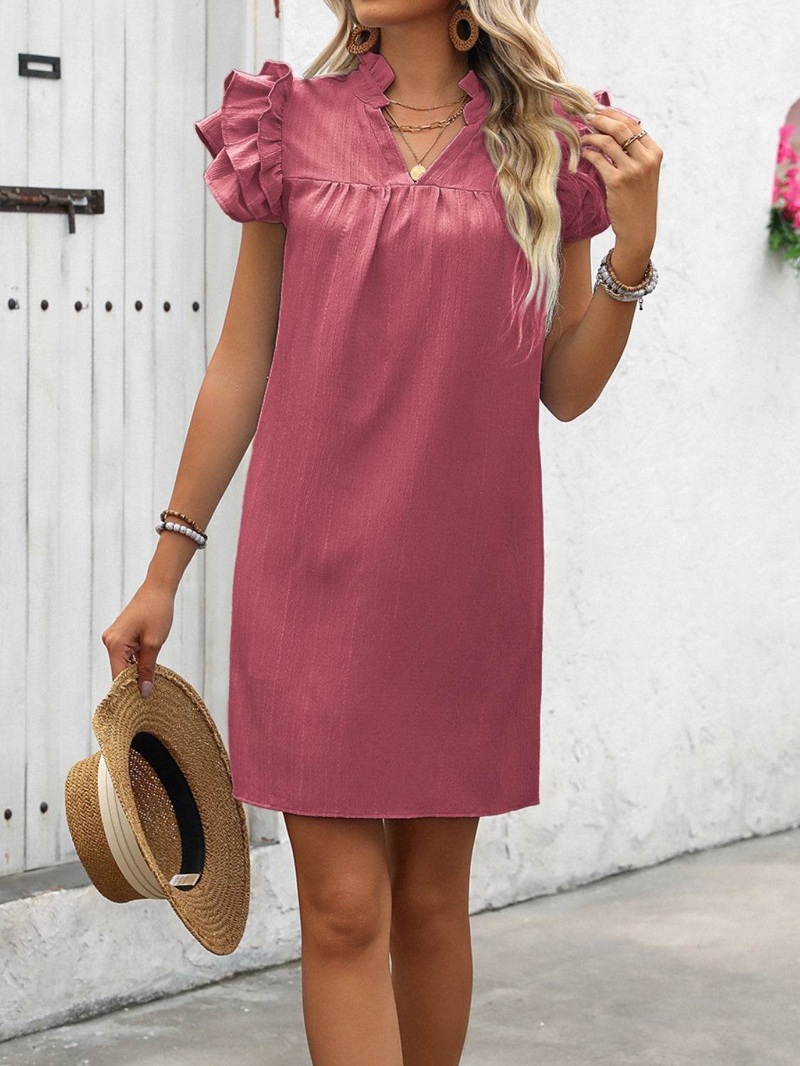 Ruffled Short Sleeve Mini Dress with Notched Neck - MARIGOLD