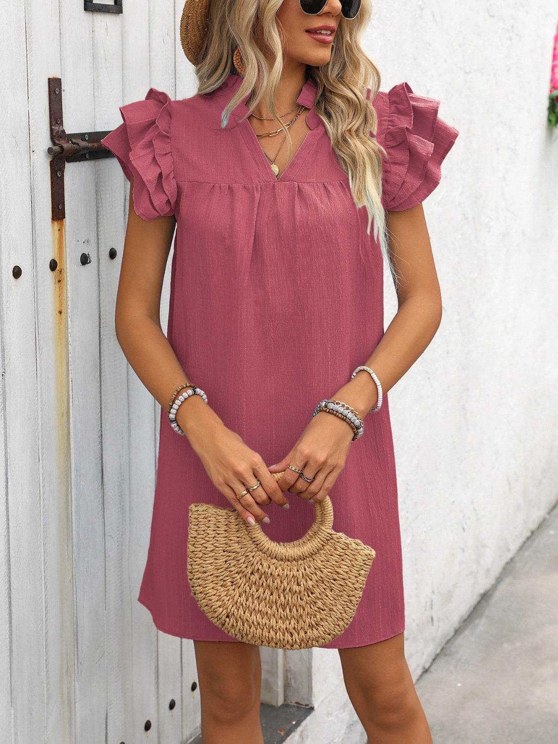 Ruffled Short Sleeve Mini Dress with Notched Neck - MARIGOLD