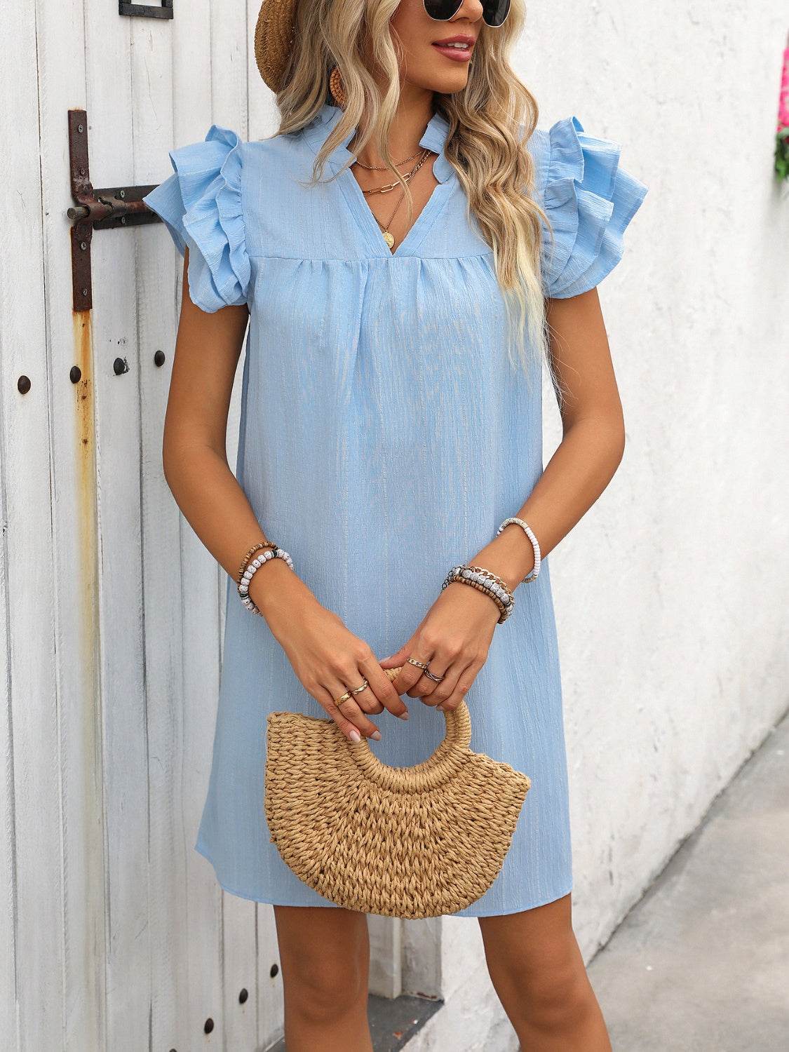 Ruffled Short Sleeve Mini Dress with Notched Neck - MARIGOLD
