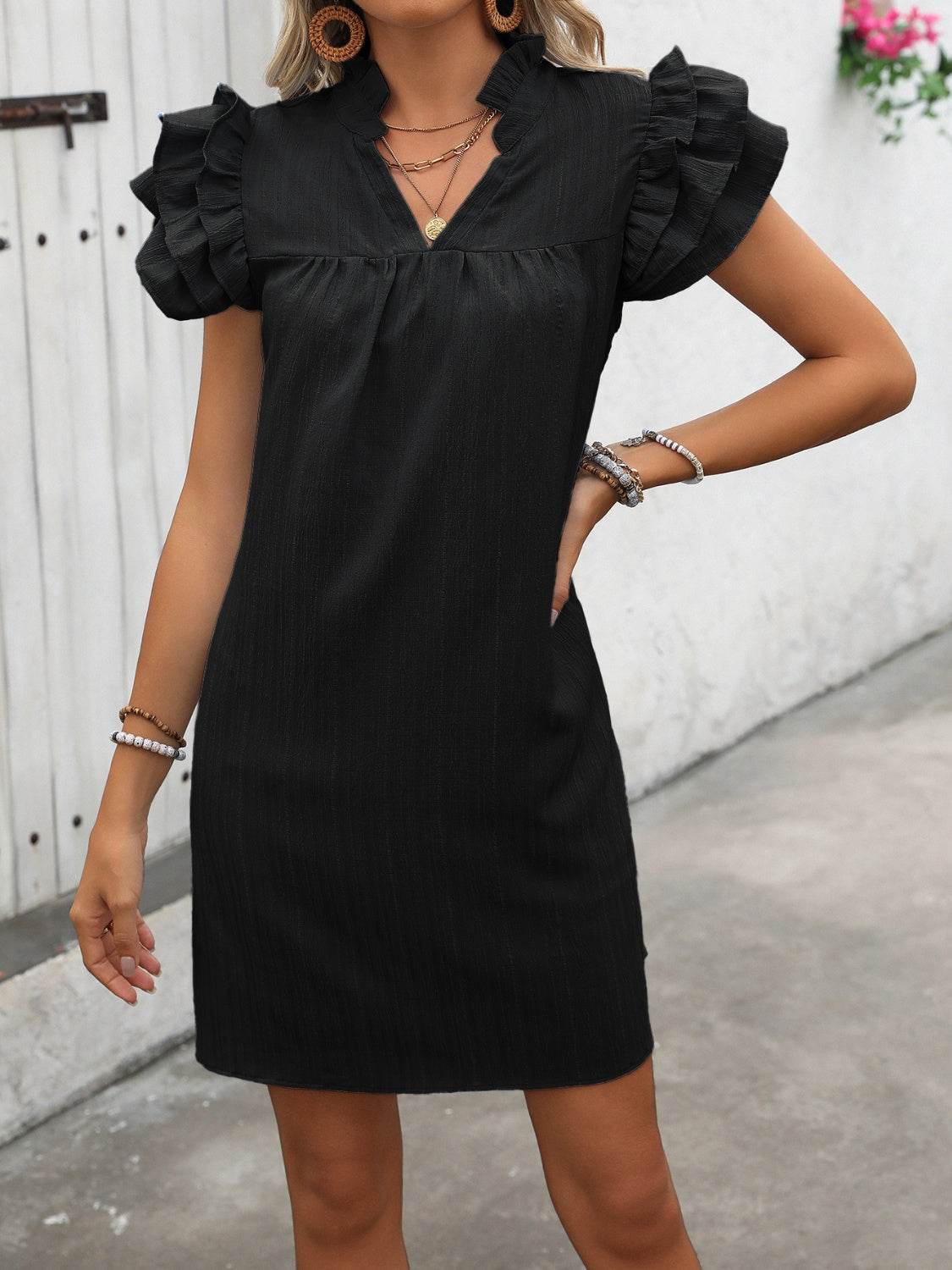 Ruffled Short Sleeve Mini Dress with Notched Neck - MARIGOLD