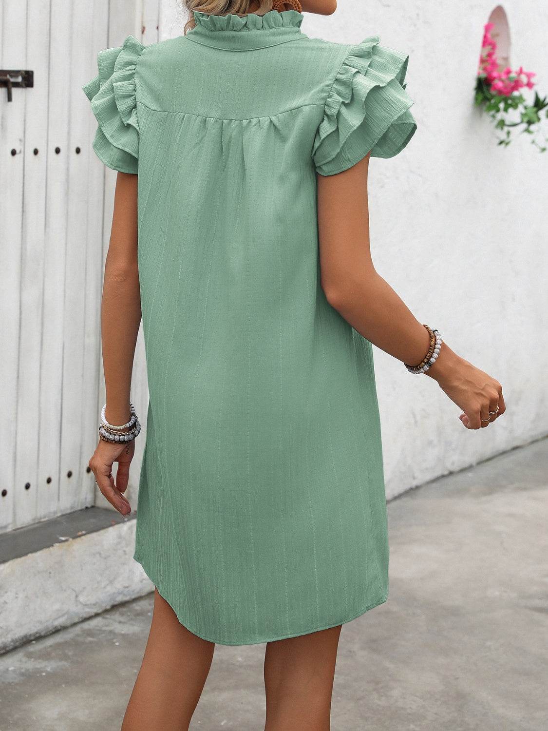 Ruffled Short Sleeve Mini Dress with Notched Neck - MARIGOLD