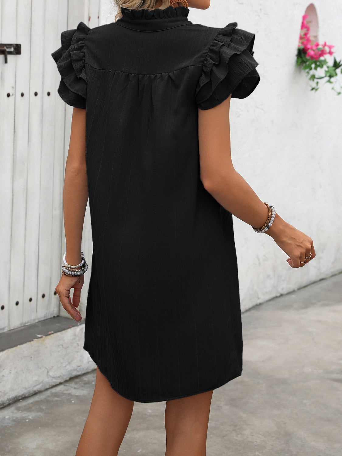 Ruffled Short Sleeve Mini Dress with Notched Neck - MARIGOLD