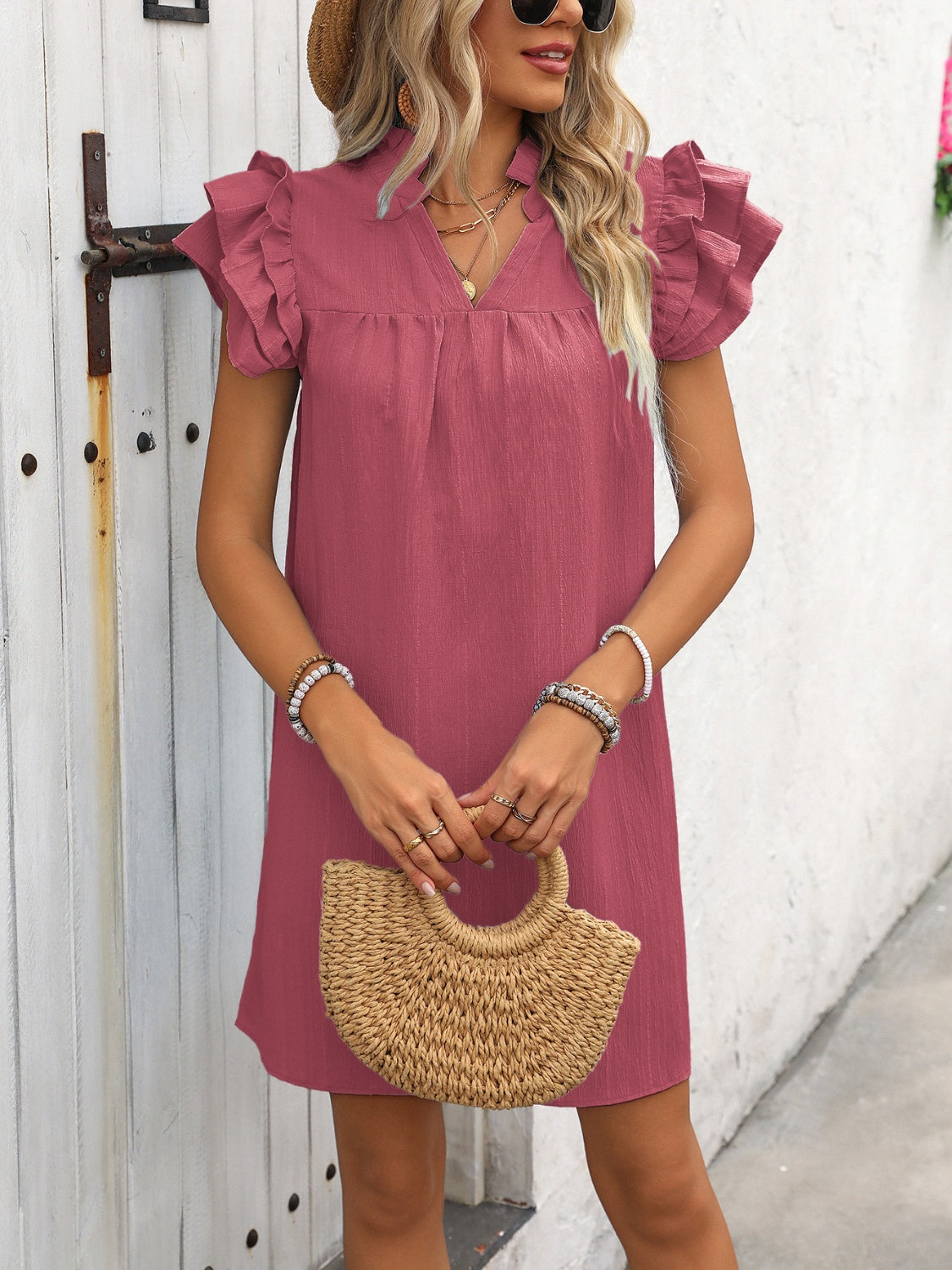 Ruffled Short Sleeve Mini Dress with Notched Neck - MARIGOLD